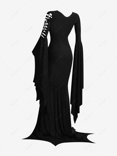 Gothic Plus Size Halloween Costume Braided Crisscross Bell Sleeves Dress