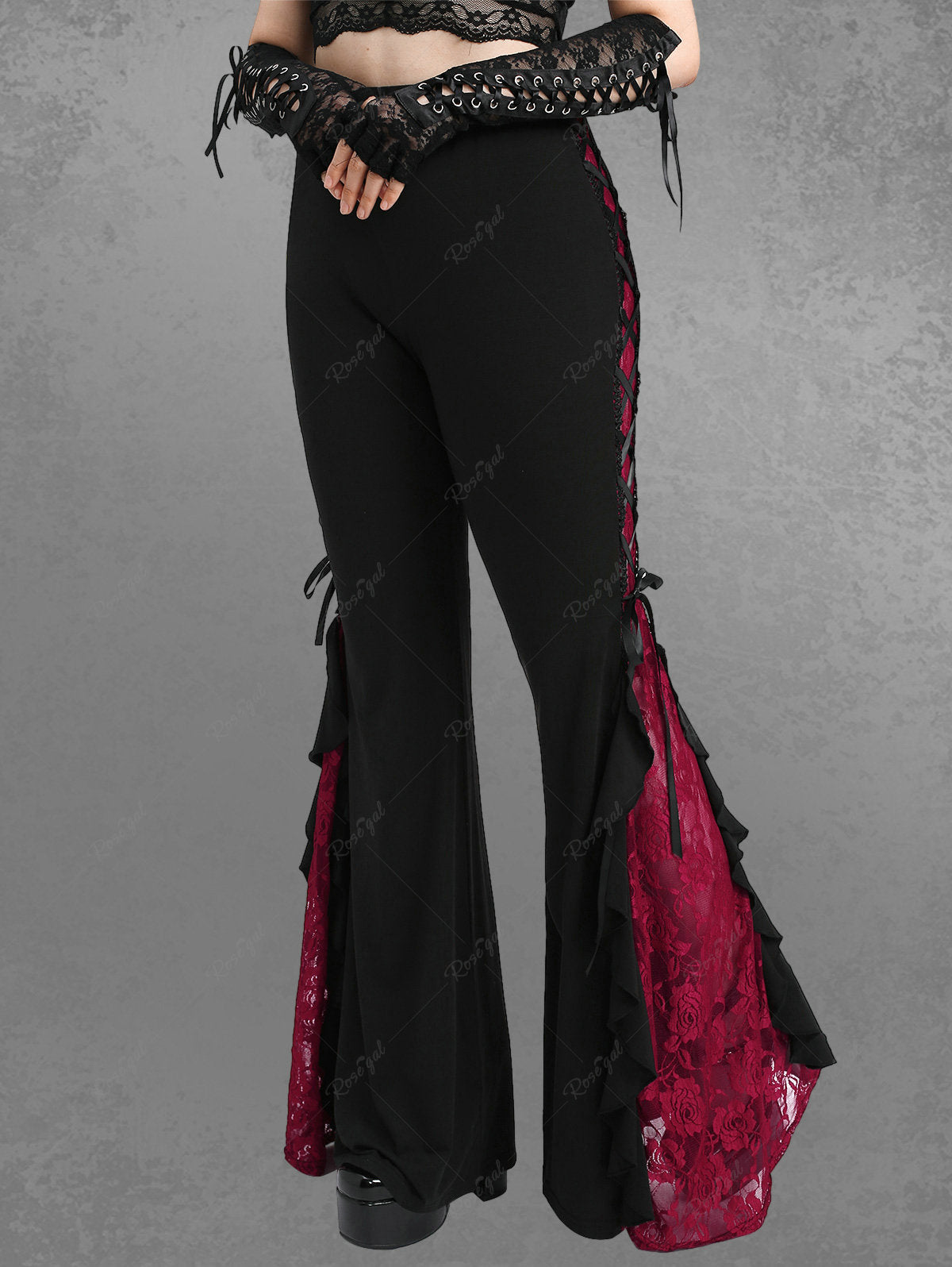 💗Lauren Loves💗Victorian Goth Rose Lace Panel Ruffle Lace-up Flare Pants