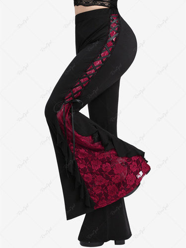 💗Lauren Loves💗Victorian Gothic Plus Size Rose Lace Panel Ruffle Lace-up Flare Pants