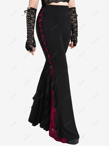 💗Lauren Loves💗Victorian Gothic Plus Size Rose Lace Panel Ruffle Lace-up Flare Pants