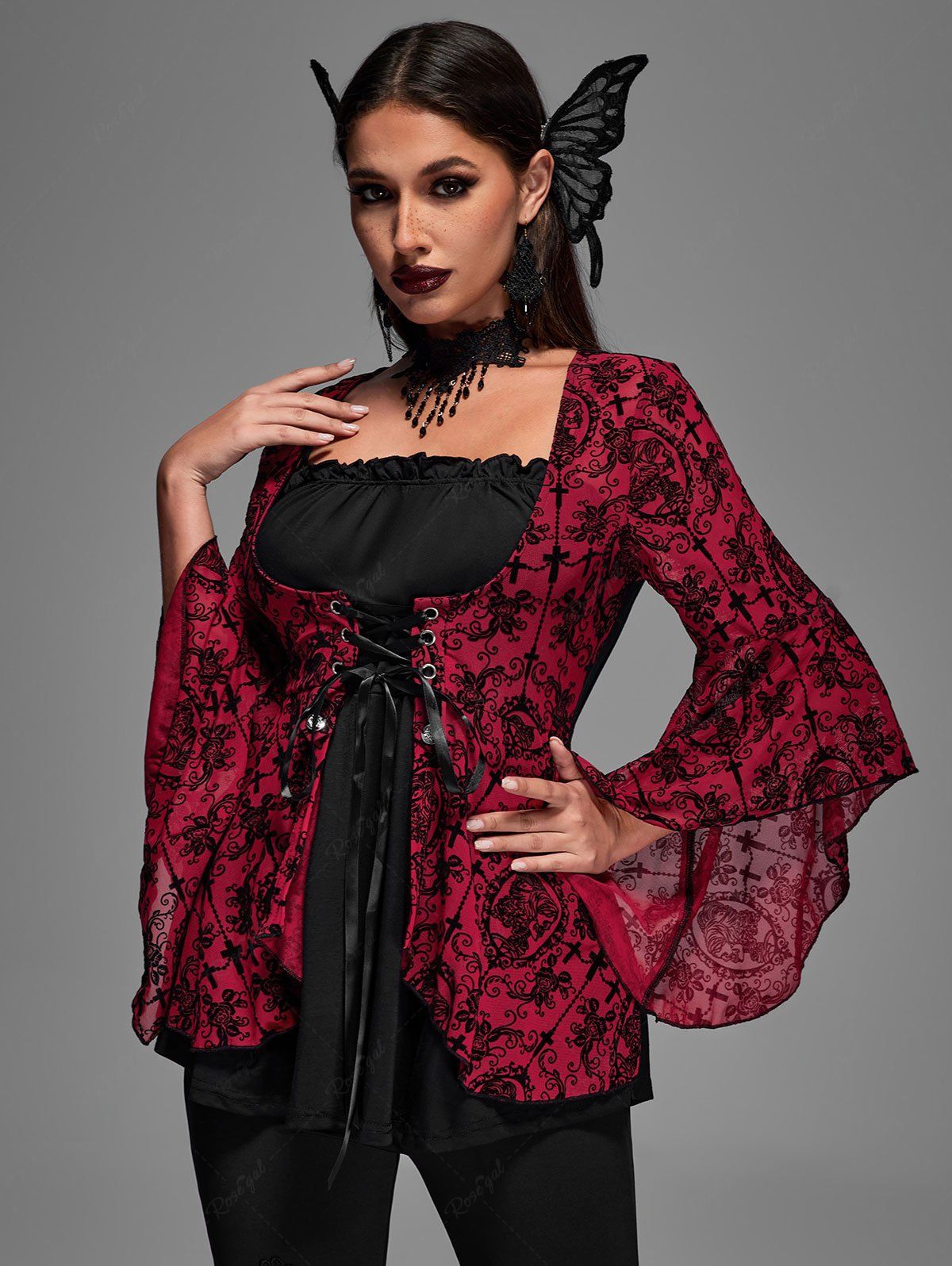 Gothic Bell Sleeves Cross Floral Mesh Flocking Lace Up Ruched Ruffles 2 in 1 Long Sleeves Top