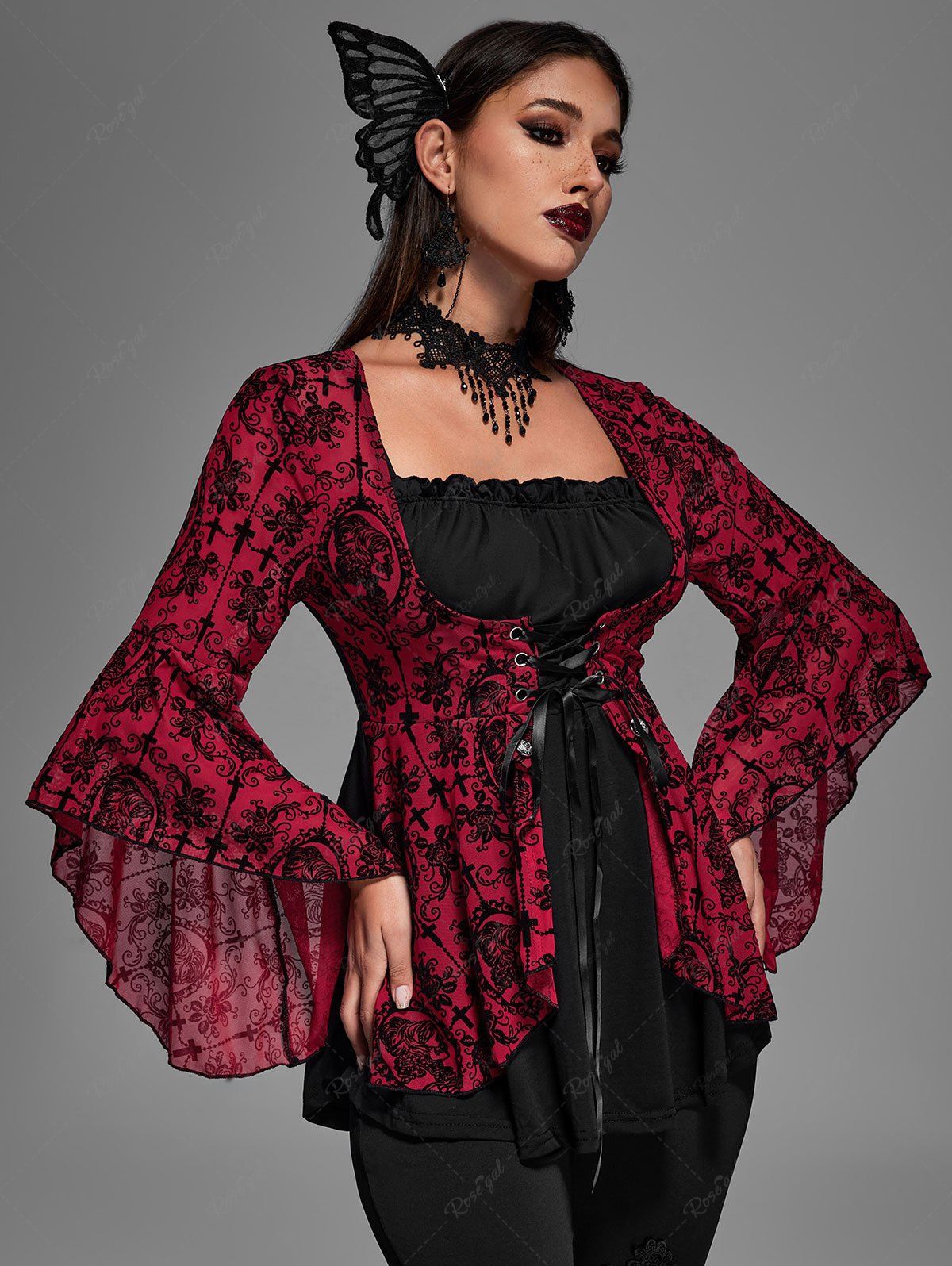 Gothic Bell Sleeves Cross Floral Mesh Flocking Lace Up Ruched Ruffles 2 in 1 Long Sleeves Top