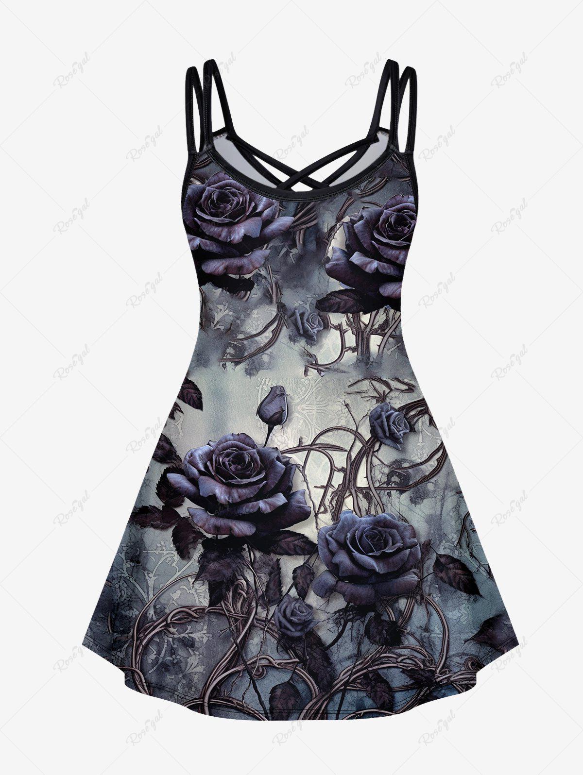 Gothic Flower Print Crisscross Cami Dress