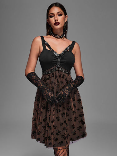 💗Tabbytragedy Loves💗 Gothic Plus Size Steampunk Skull Print Mesh Grommets PU Leather Stripes Ruched Halloween Dress