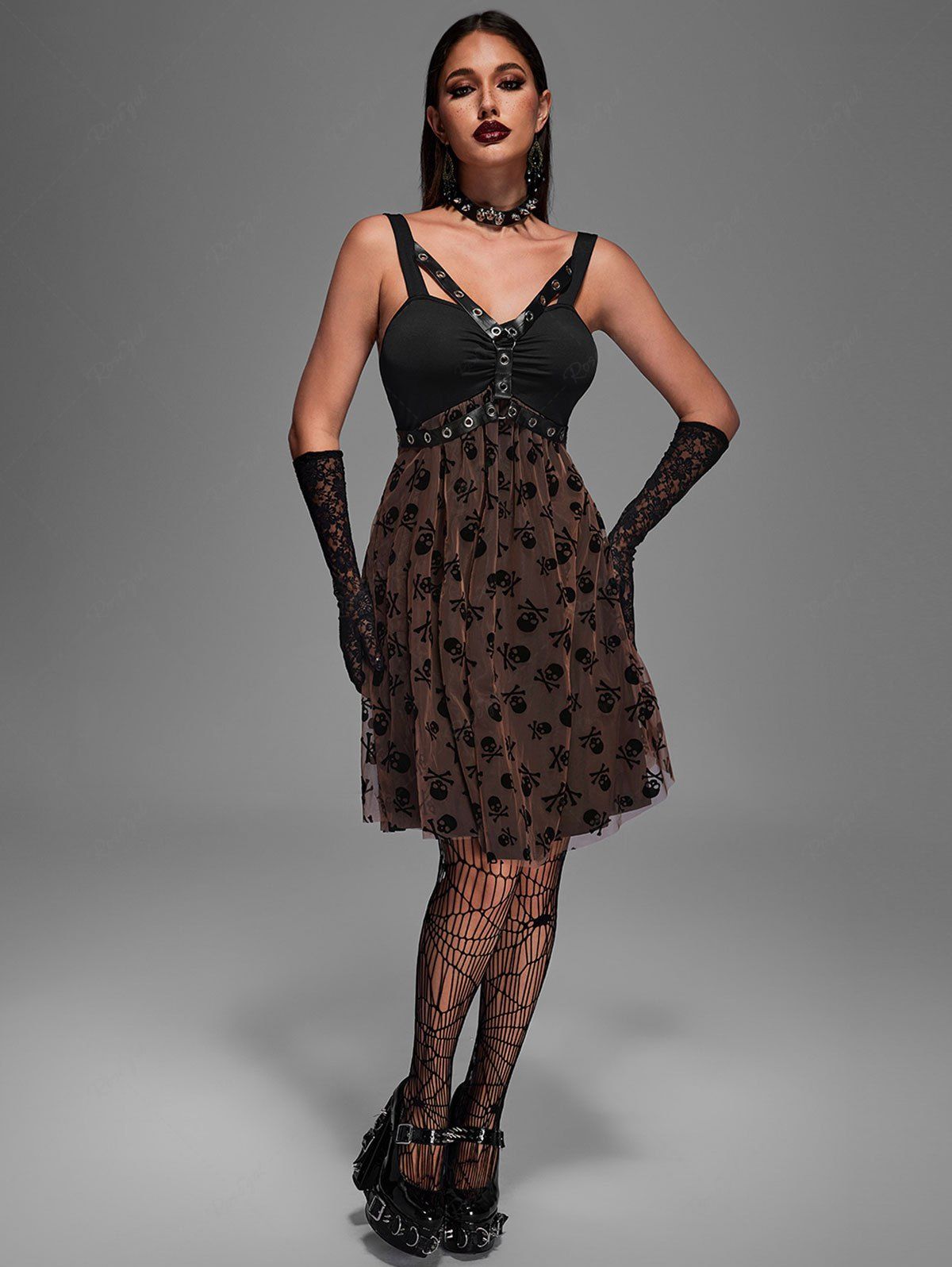 💗Tabbytragedy Loves💗 Gothic Steampunk Skull Print Mesh Grommets PU Leather Stripes Ruched Dress