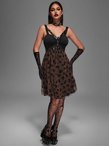 💗Tabbytragedy Loves💗 Gothic Plus Size Steampunk Skull Print Mesh Grommets PU Leather Stripes Ruched Halloween Dress