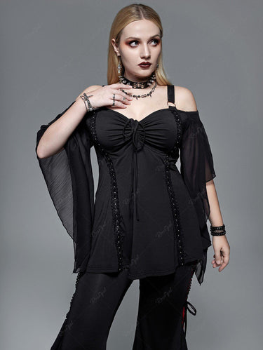 💗Coralie Loves💗 Gothic Plus Size Cinched Ruched Rings Bell Sleeve Cold Shoulder Top