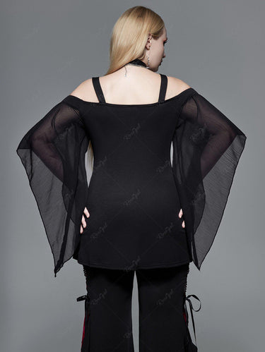 💗Coralie Loves💗 Gothic Plus Size Cinched Ruched Rings Bell Sleeve Cold Shoulder Top