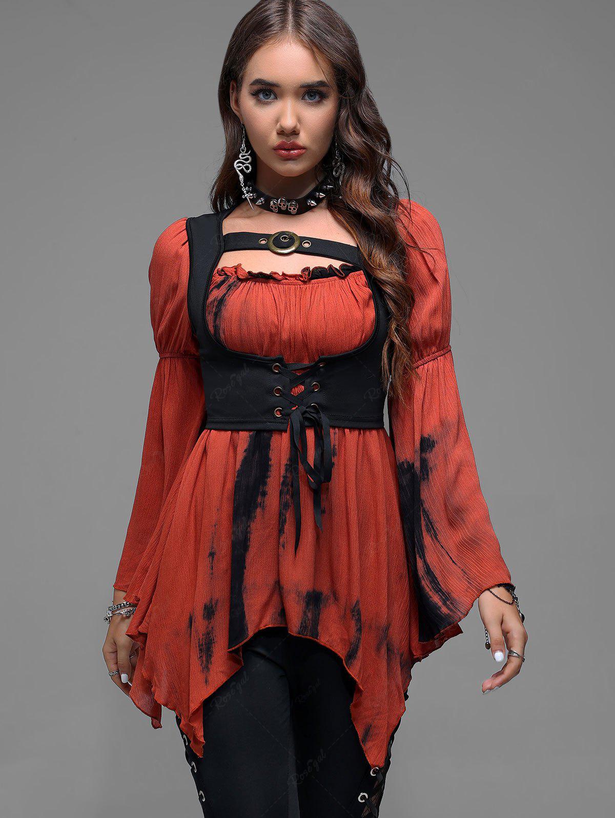 Gothic Lace Up Corset and Ruched Asymmetrical Bell Sleeves Blouse Top –  Rgothic