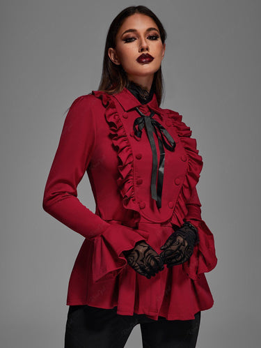 💗Messina Loves💗 Gothic Plus Size Ruffled Pleated Detail Ribbon Bow Peplum Jacket(3 Days Delivery)
