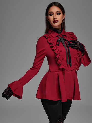 💗Messina Loves💗 Gothic Plus Size Ruffled Pleated Detail Ribbon Bow Peplum Jacket(3 Days Delivery)