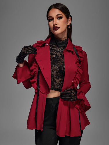 💗Messina Loves💗 Gothic Plus Size Ruffled Pleated Detail Ribbon Bow Peplum Jacket(3 Days Delivery)