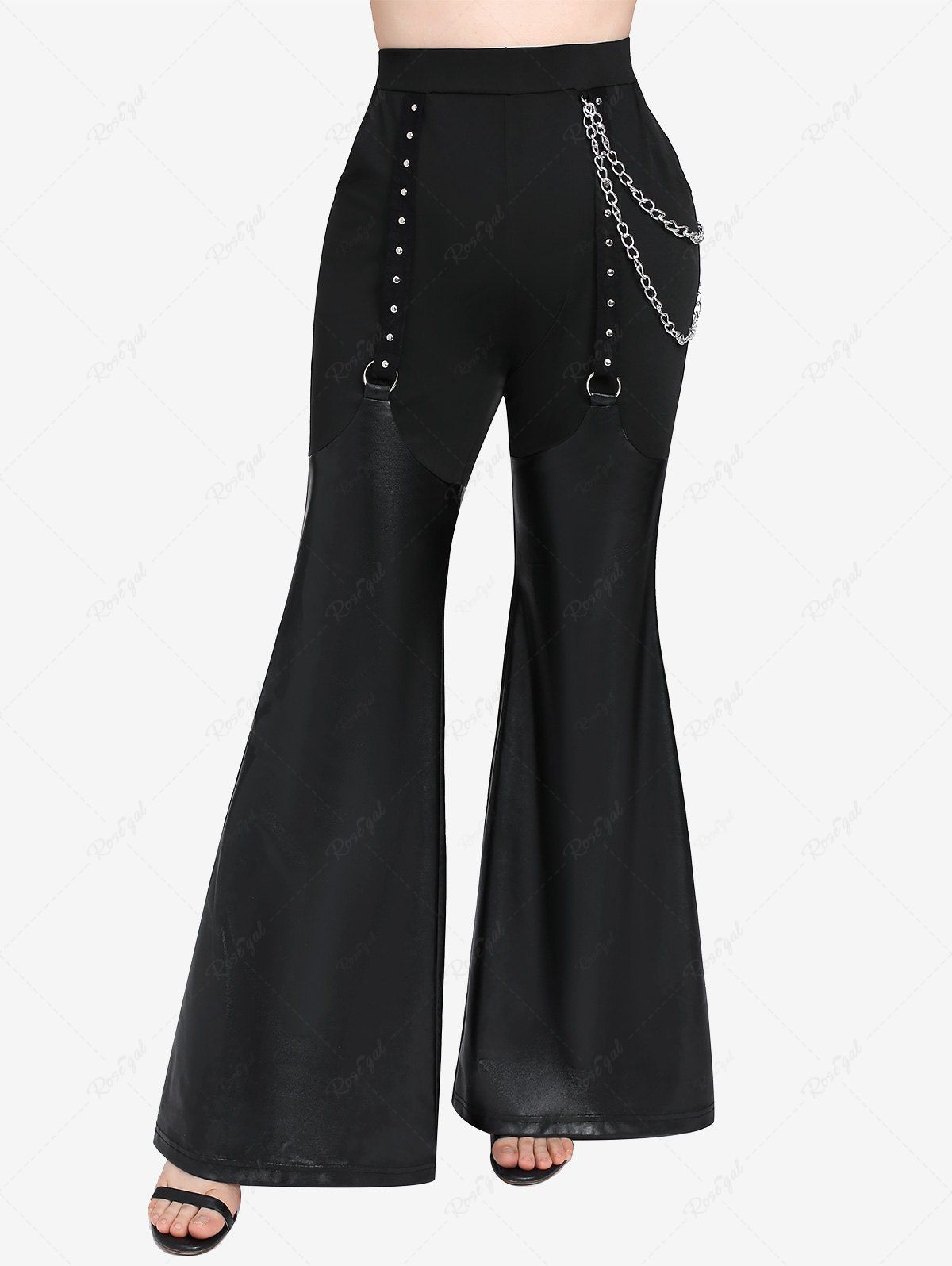 Gothic Chain O-Ring PU Leather Patchwork Grommet Pocket Flare Pants