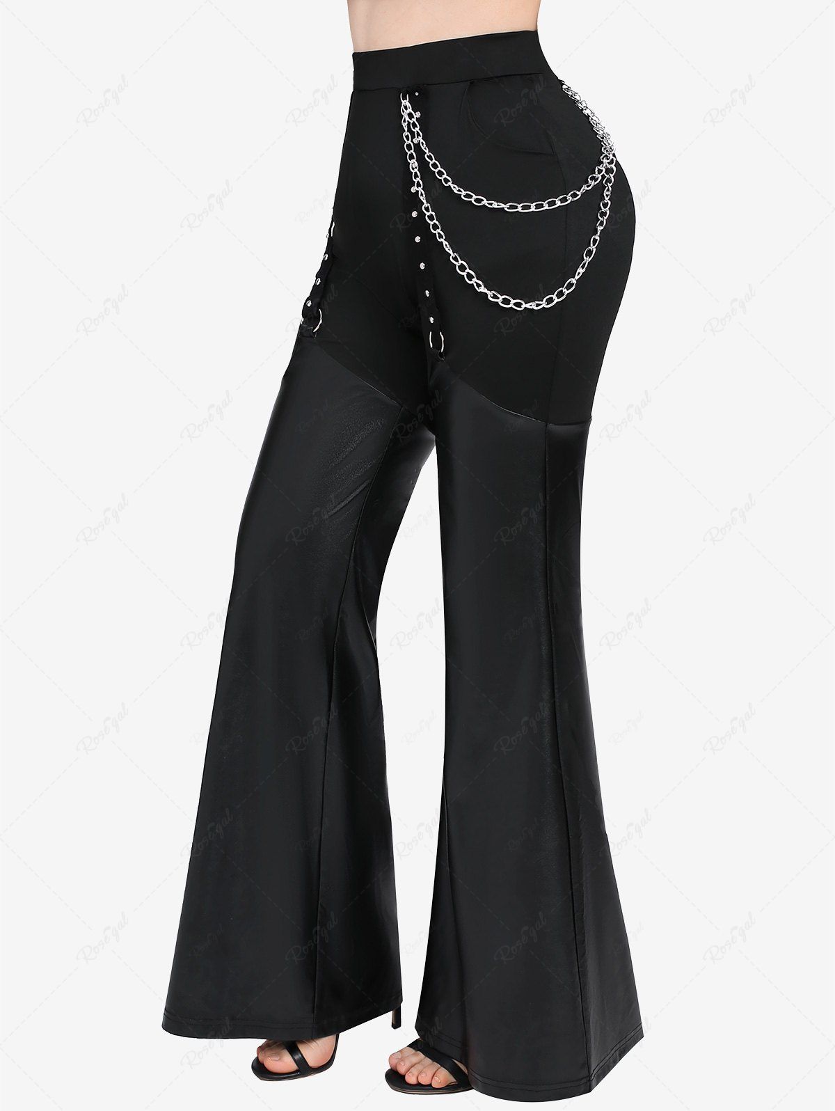 Gothic Chain O-Ring PU Leather Patchwork Grommet Pocket Flare Pants