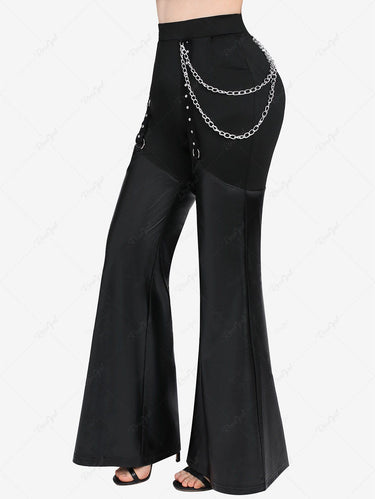 Gothic Plus Size Chain O-Ring PU Leather Patchwork Grommet Pocket Flare Pants