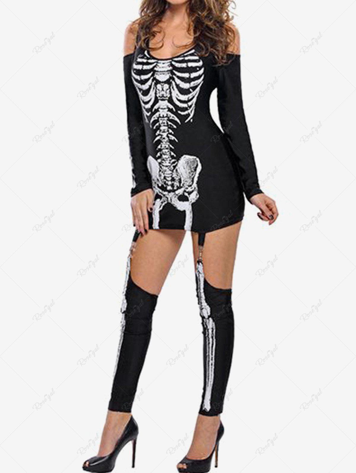 💗Marika Loves💗 Halloween Costume Gothic Cold Shoulder Skeleton Printed Tunic Dress