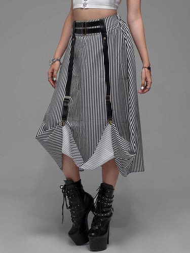 Gothic Plus Size Striped PU Strap A Line Maxi Skirt