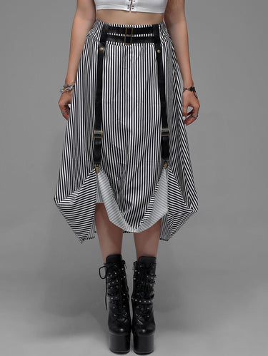 Gothic Plus Size Striped PU Strap A Line Maxi Skirt