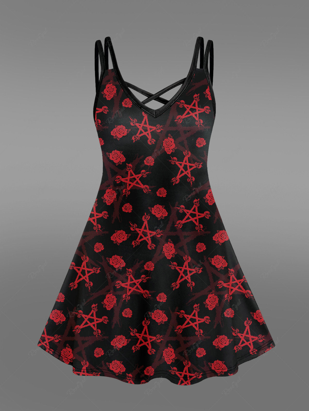 💗Stephanie Loves💗 Gothic Pentagon Skulls Flower Print Crisscross Cami Dress