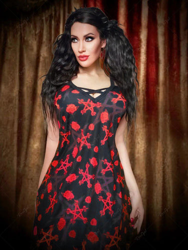 💗Stephanie Loves💗 Gothic Plus Size Pentagon Skulls Flower Print Crisscross Cami Dress