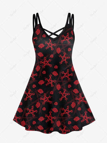 💗Stephanie Loves💗 Gothic Plus Size Pentagon Skulls Flower Print Crisscross Cami Dress