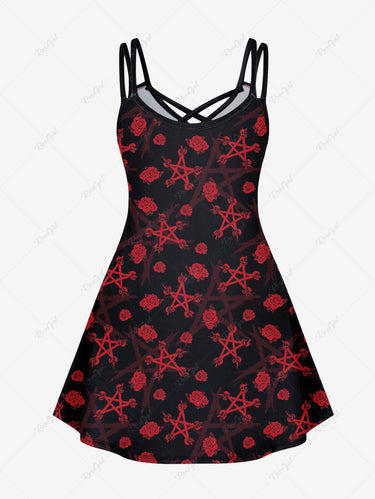 💗Stephanie Loves💗 Gothic Plus Size Pentagon Skulls Flower Print Crisscross Cami Dress