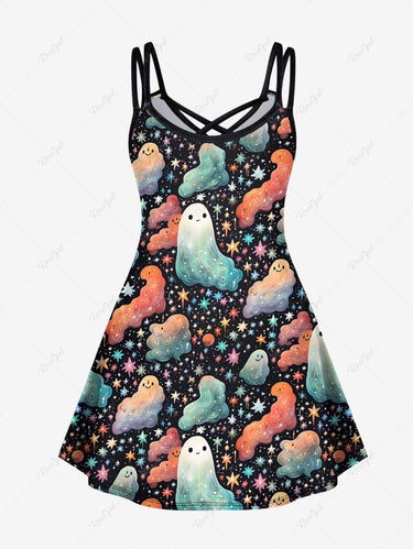💗Lauren Loves💗Gothic Plus Size Star Cloud Ghost Print Crisscross Cami Dress