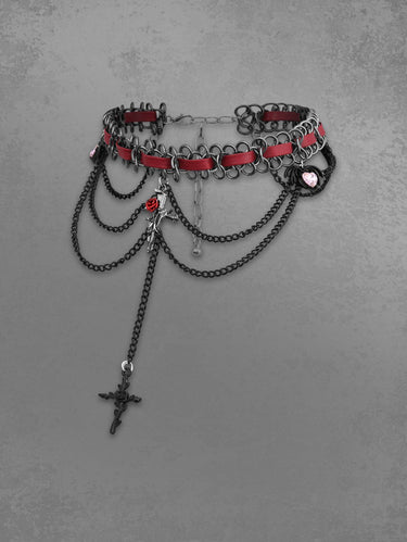 Gothic Punk Cross Flower Chain Layered PU Strap Chunky Choker Necklace