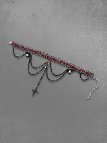 Gothic Punk Cross Flower Chain Layered PU Strap Chunky Choker Necklace
