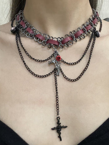Gothic Punk Cross Flower Chain Layered PU Strap Chunky Choker Necklace