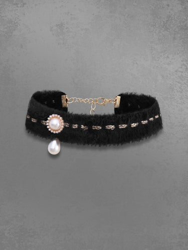 Gothic Water Droplet Faux Pearl Bowknot Fluffy Choker