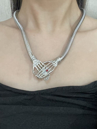 Gothic Punk Faux Gemstone Skeleton Hand Shape Chunky Pendant Necklace