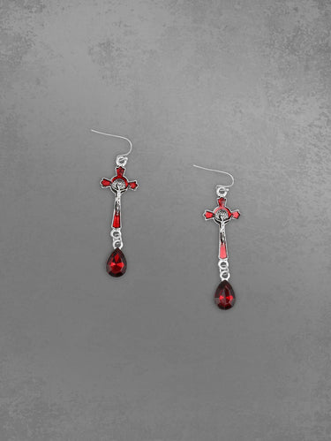 Gothic Halloween Water Droplet Cross Bat Necklace and Earrings Set