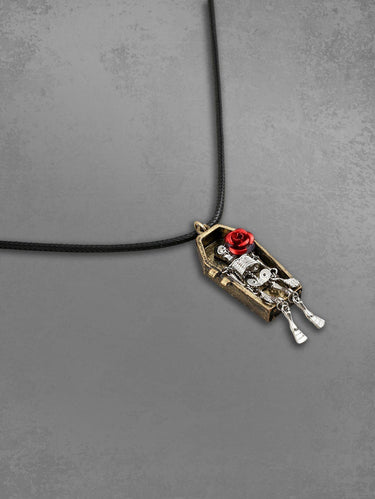 Gothic Skeleton Rose Floral Coffin Halloween Pendant Necklace