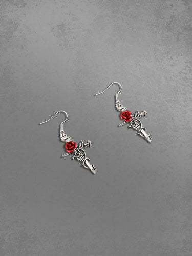 Gothic Vintage Rose Flower Leaf Cross Drop Earrings