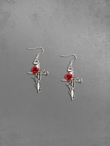 Gothic Vintage Rose Flower Leaf Cross Drop Earrings