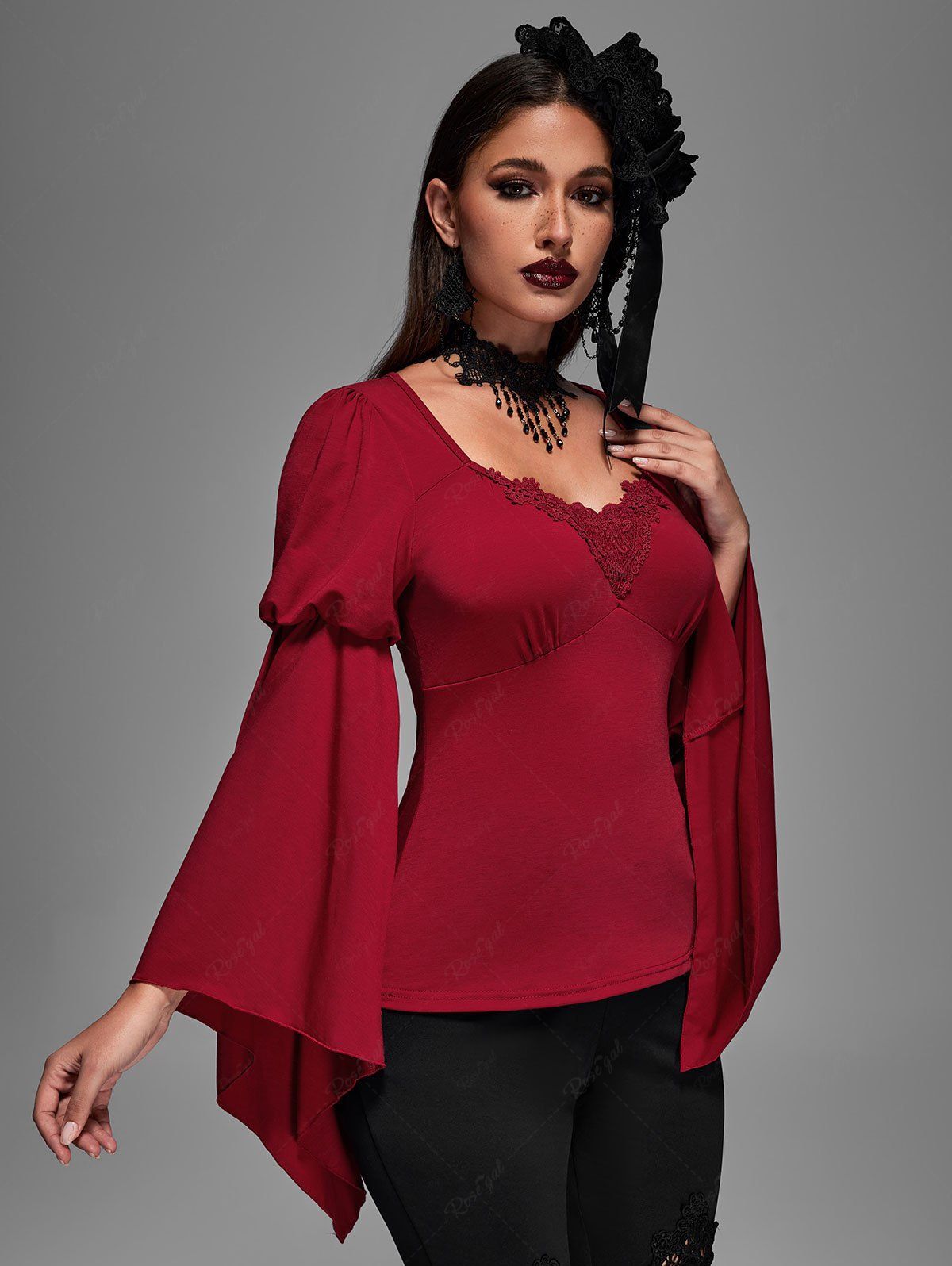 Gothic Valentine's Day Ruched Heart Shaped Appliques Flare Sleeves Top