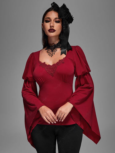 Gothic Plus Size Ruched Heart Shaped Appliques Flare Sleeves Top(3 Days Delivery)