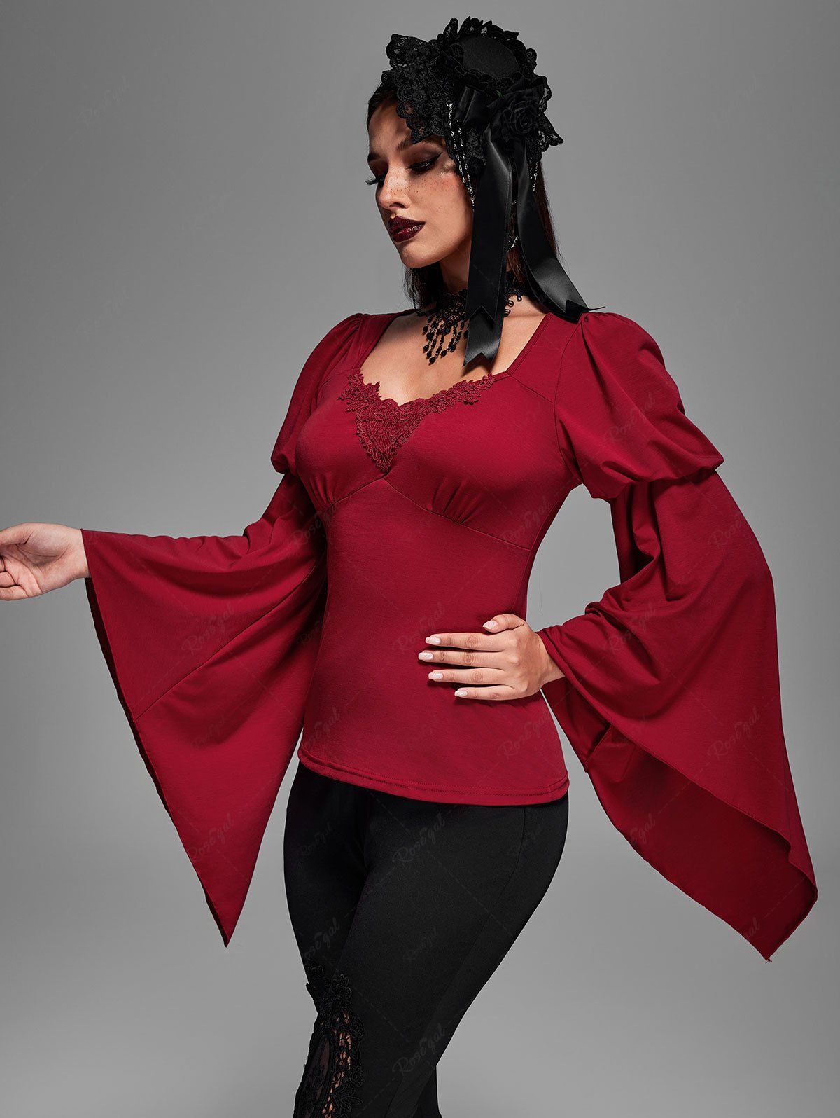 Gothic Valentine's Day Ruched Heart Shaped Appliques Flare Sleeves Top
