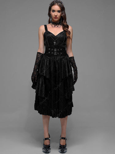 💗Chiara Loves💗 Victorian Gothic Layered Grommet Cross Buckle Floral Printed Prom Dress