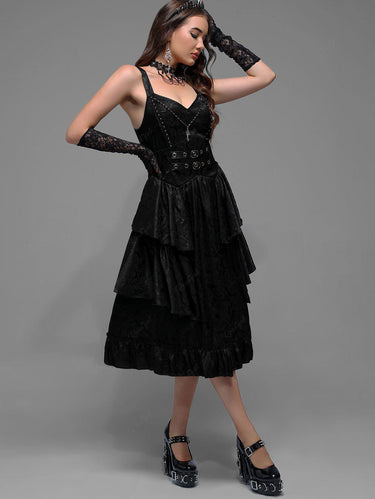 💗Chiara Loves💗 Victorian Gothic Layered Grommet Cross Buckle Floral Printed Prom Dress