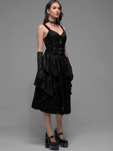 💗Chiara Loves💗 Victorian Gothic Layered Grommet Cross Buckle Floral Printed Prom Dress