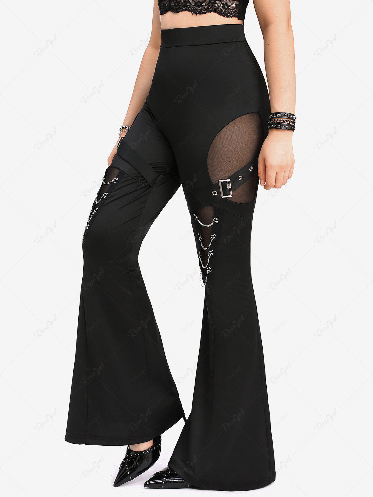 Gothic Mesh Panel Layered Chain Buckle Flare Pants