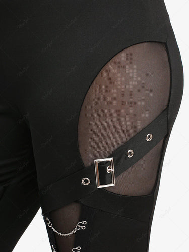 Gothic Plus Size Mesh Panel Layered Chain Buckle Flare Pants