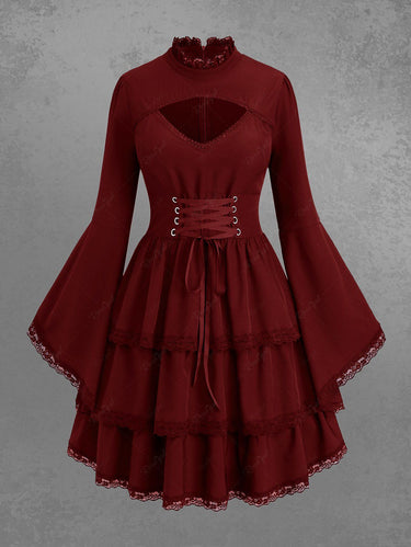 💗Dvorah Loves💗 Gothic Victorian Lace-up Layered Ruched Floral Lace Trim Cutout Flare Bell Sleeves Dress