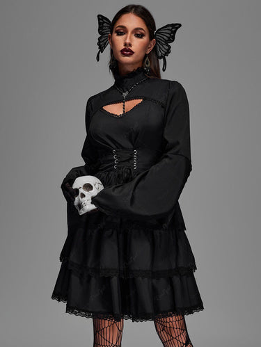 💗Dvorah Loves💗 Gothic Victorian Lace-up Layered Ruched Floral Lace Trim Cutout Flare Bell Sleeves Dress