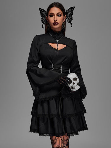 💗Dvorah Loves💗 Gothic Victorian Lace-up Layered Ruched Floral Lace Trim Cutout Flare Bell Sleeves Dress