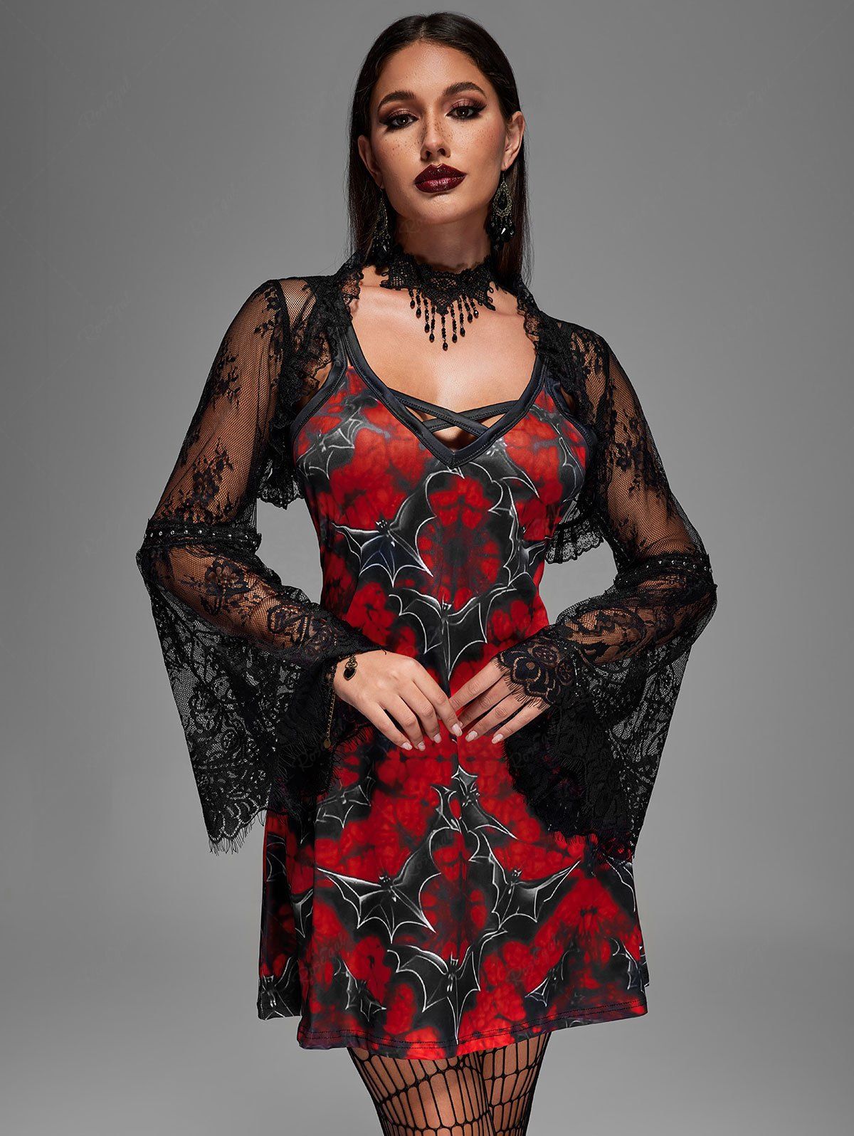💗Lauren Loves💗 Gothic Floral Lace Grommet Flare Sleeves Lace-trim Bolero Shrug Tops