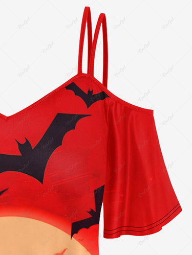 Gothic Plus Size Sunset Bat Print Cold Shoulder T-shirt