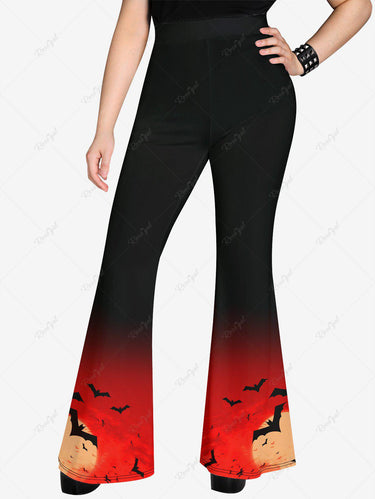 Gothic Plus Size Sunset Bat Ombre Print Flare Pants